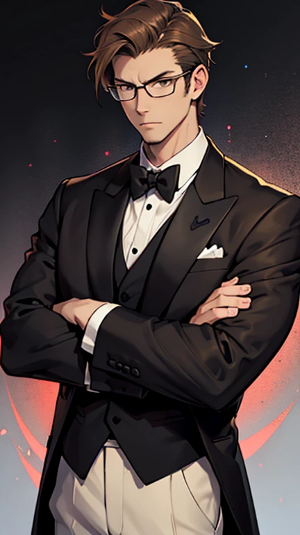 High detailed, 1 Guy, slender, light Brown eyes, glasses, tuxedo, Serious, arms crossed