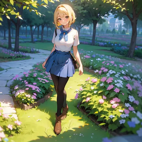 (high quality, High resolution, Very detailed, reality:1.37), Peaceful atmosphere, (Outdoor, garden), Teenage girl standing alone, (my breasts are big.), Beautiful details, Cute Smile, (Blonde Bob Hair), Short sleeve ribbed sweater, Blue Skirt, Black tight...