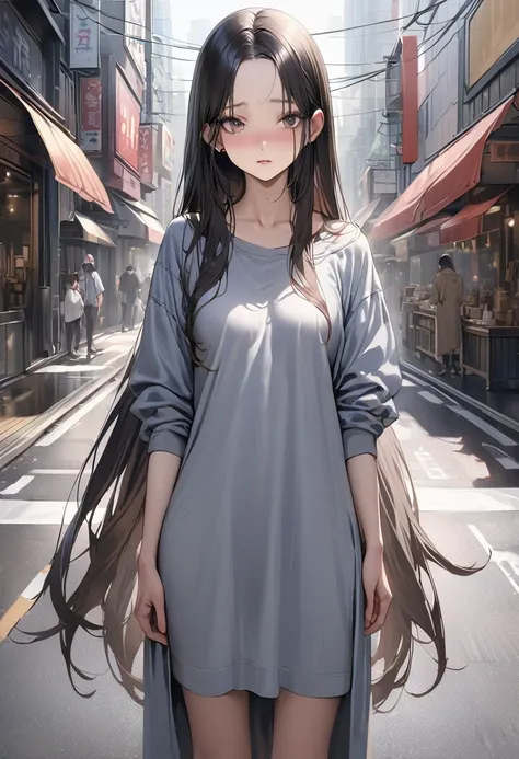 ((masterpiece,Highest quality:1.3,best quality illustration)),realistic,cowboy shot,独奏,1woman,(25 year old beauty),((very small head:1.3)),black hair,long hair,forehead,center parted bangs,black eyes,gorgeous big eyes,shy,((very long body,skinny)),medium b...