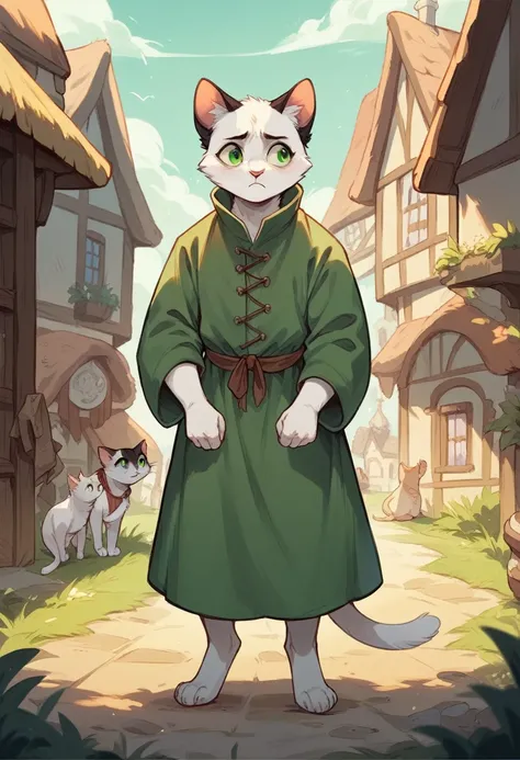 Furry, cat, white fur, green eyes, black ears, green jacket, Middle Ages , looks anxious, fullbody, stands in medieval town 