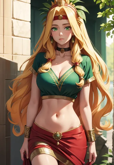 quetzalcoatl, quetzalcoatl, long hair, sidelocks, yellow hair, (green eyes:1.5), wavy hair, (large breast:1.2),
BREAK aztec, bracelet, choker, headband, headdress, jewelry, midriff, navel, short sleeves, wristlet,
BREAK looking at viewer,
BREAK outdoors,
B...