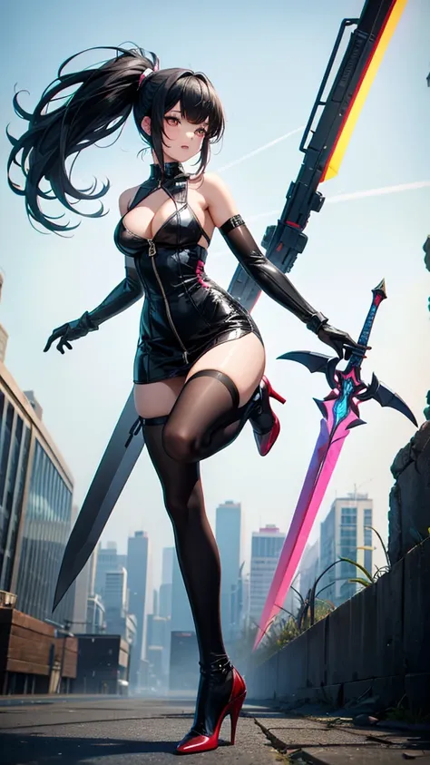 Young woman with black hair and side ponytail，Chest，cleavage，Bare shoulders，Full body black tights with fluorescent lines，Thin legs，high heels，Great sword，ruined city