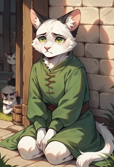 Furry, cat, white fur, green eyes, big black ears, green jacket, Middle Ages , looks sad, fullbody, sits in medieval town 