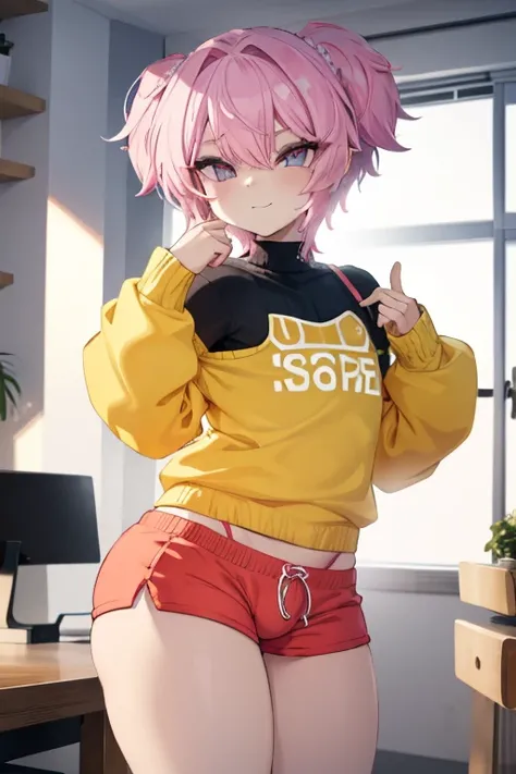 Um Child boy femboy, 独奏, wearing a bulky sweater with long sleeves, with short shorts highlighting his member, with a very sexy pose,  boy, male slim body