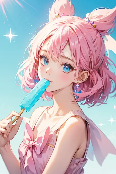 A pink, white and blue freezie pop with a winking expression. She also has a popsicle stick and a pink bow. SPARKLE; GLITTER