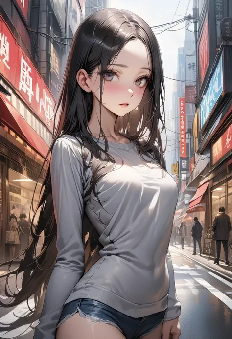 ((masterpiece,Highest quality:1.3,best quality illustration)),realistic,cowboy shot,独奏,1woman,(25 year old beauty),((very small head:1.3)),black hair,long hair,forehead,center parted bangs,black eyes,gorgeous big eyes,((very long body,skinny)),medium breas...