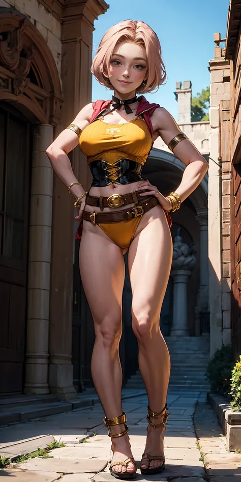 masterpiece, best quality, full body, barefoot, solo, female, big breast, Android 18, yellow bikini, hands on waist, navel, lustful smirking smiling, smile face (red blushed, red cheeks), metal shoulders, gold sleeveless armbands, black leather choker coll...