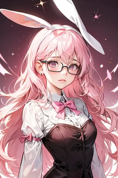 A semi-translucent pale pink girl bunny with dark pink markings, a bow, and glasses to make her see better. She wears a tired or depressed face. SPARKLE; GLITTER