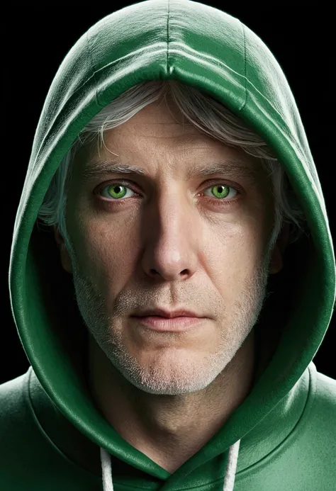 high quality, Super detailed, man wearing a green hood, the face behind the camera，Turn your head to the camera, Ultra-realistic photos, White eyes, white Hair, That street, Are standing,White neurons running around the neck