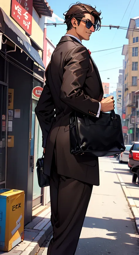 Dark brown suit、sunglasses、In town、look back