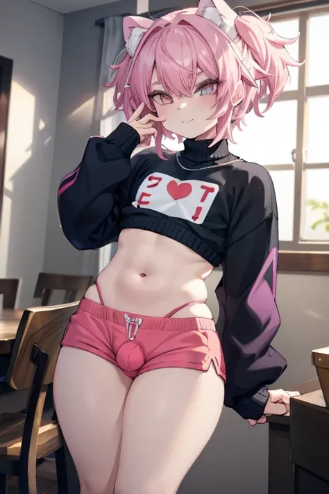 Um Child boy femboy, 独奏, wearing a bulky sweater with long sleeves, with tight, short shorts highlighting his penis, with a very sexy pose,  boy, male slim body