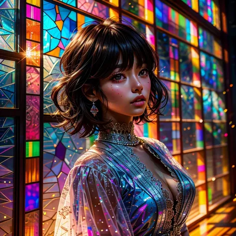 SFW, concept art, Tiny junior idol, Delicate lace knitted white clothes, (nipple:-0.9), face closeup, (Dazzling stained glass Background), (((Renbutsu Misako), colorful Light shines through delicate stained glass:1.2, vivid red colors, Luminous Particles, ...