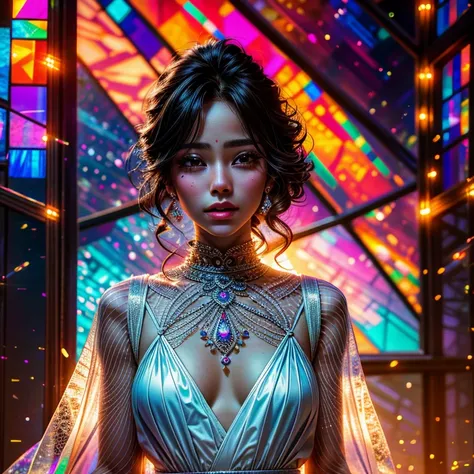 SFW, concept art, Tiny junior idol, Delicate lace knitted white clothes, (nipple:-0.9), face closeup, (Dazzling stained glass Background), (((Renbutsu Misako), colorful Light shines through delicate stained glass:1.2, vivid red colors, Luminous Particles, ...