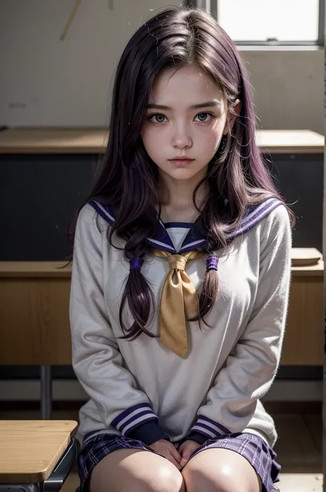 An eighteen year old girl, with long purple hair and dressed as a sailor, is sitting in a classroom (school 1.5 in the background) (serious expression, cold 1.5) (best qualityer: 1.1) (work of art: 1.3) with an unparalleled work of art, surreal 8K, Perfect...