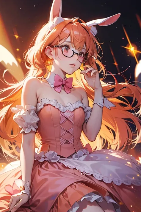 A semi-translucent girl bunny with orange coloring and a depressed or tired face. She wears a dark pink translucent bow to match her glasses. SPARKLE; GLITTER