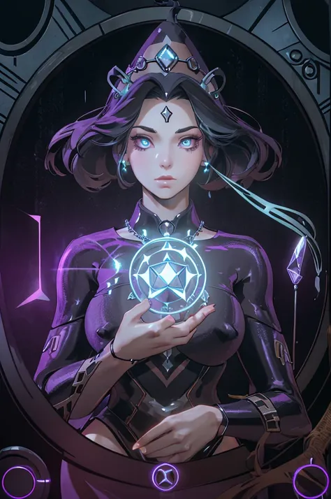 depicts a modern-day witch who has embraced the world of cybernetics to enhance her magical abilities. The artwork should convey the enchanting blend of traditional witchcraft and futuristic technology. Here are some specific elements to include: The Witch...