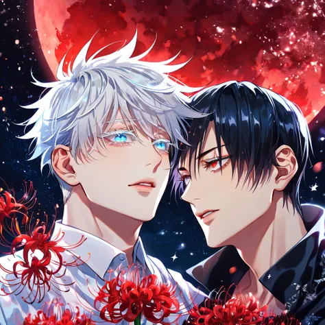 absurdres, highres, ultra detailed, HDR, master piece, best quality, extremely detailed, Gojou Satoru, white hair, expressive blue eyes, white eyelashes, Jujutsu Kaisen, Kaerius, black hair, expressive red eyes, two sexy men together, gay couple, yaoi, han...