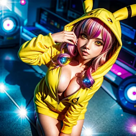 PUNIPUNI, a beautiful Pink hair gamer girl, beautiful detailed Blue eyes with (Sparkling Highlights:1.28), beautiful detailed lips,extremely detailed eyes and face,longeyelashes,in a (((Yellow Pikachu hoodie))) MoeSleeves,(Professional photo from above:1.3...