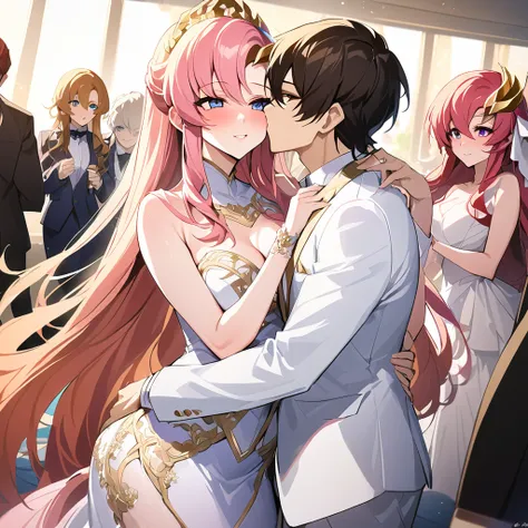 ((Highest quality)), ((masterpiece)), (detailed), （Perfect Face）、The woman is embracing and kissing a handsome man with long blonde hair wearing a white tuxedo.、The woman is Lacus Clyne, the Queen of Accord and wife of Orpheus, King of Accord. She is weari...