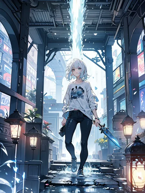 Woman, cute, baggy shirt, tight pants, looking up, weapon, white hair, light blue, water, double teeth, straight face 