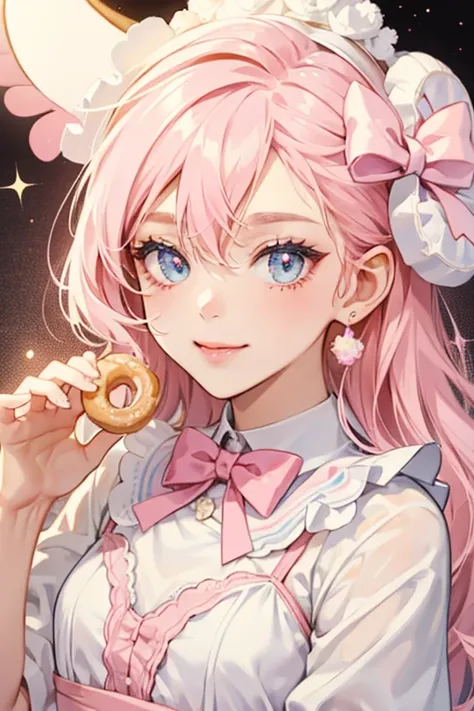 A cruller girl bunny Num with pale pink icing covering her head and slightly powdered. She has a small smile, winking eye and wears a powdered donut bow. A bite is in her left ear. SPARKLE; GLITTER