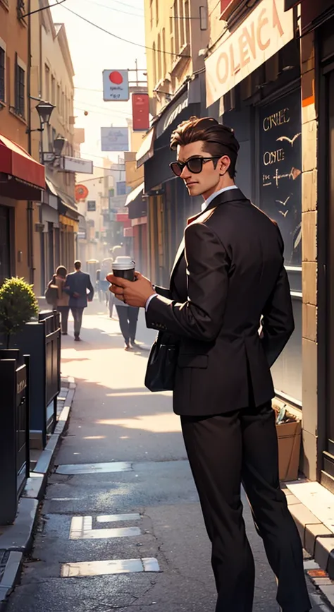 Dark brown suit, sunglasses, In town, look back, holding a paper cup of coffee, Surrealism, cinematic lighting, UHD, high details, best quality, highres, 8k