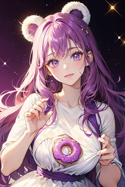 A donut girl bear Num with a basic expression. Purple Icing covers the top of her head and drips down. It is decorated with a dollop of cream and a drizzle made from whip cream. SPARKLE; GLITTER