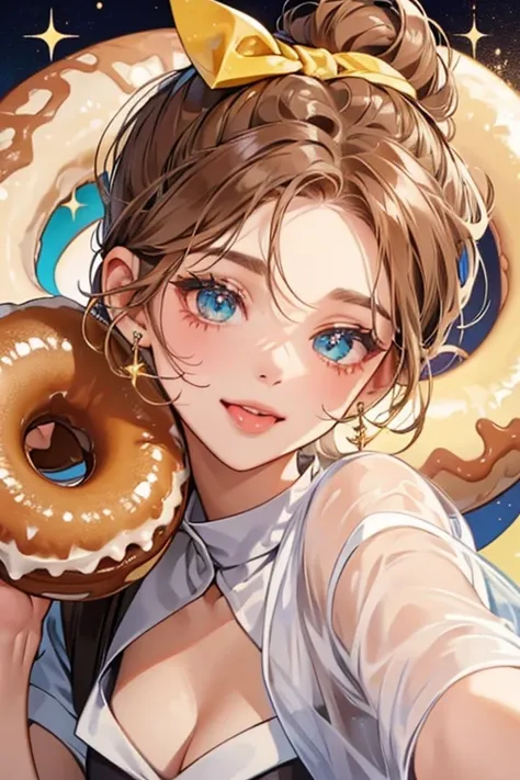 A cruller donut with light brown icing covering the top of her head and ears. She has her tongue sticking out and winks one eye. On her head is a plain donut bow. SPARKLE; GLITTER