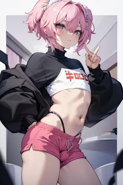 Um Child boy femboy, 独奏, wearing a bulky sweater with long sleeves, with tight, short shorts highlighting his penis, with a very sexy pose,  boy, male slim body