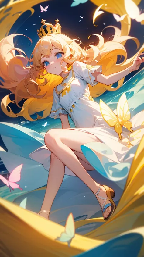 White skin curly hair blonde blue eyes long yellow swirly dress with bows yellow sandals a pink crown in the sea on a boat with butterflies and birds 