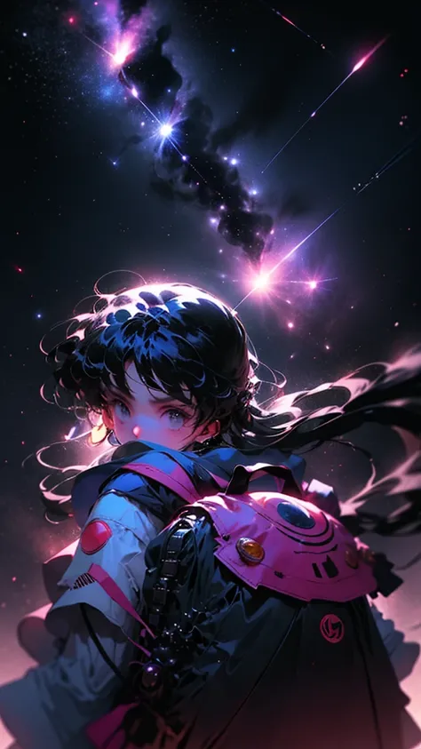 A girl with a backpack on her back looking at the sky full of stars and a comet passing by 