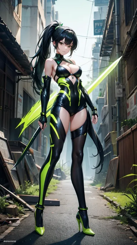 Young woman with black hair and side ponytail，Chest，cleavage，Bare shoulders，Full body black and green fluorescent line tights，Thin legs，high heels，Great sword，ruined city