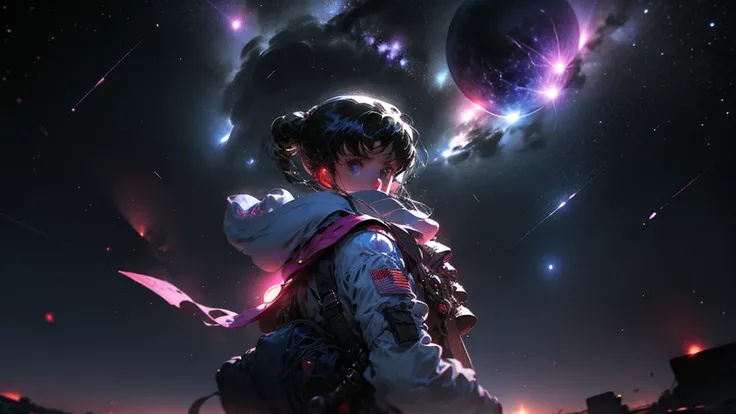 A girl with a backpack on her back looking at the sky full of stars and a comet passing by 