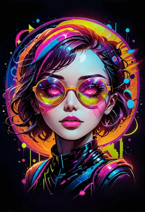 imagine the face of a futuristic woman, with neon colored glasses, behind her there is a circle that resembles the planet earth,...