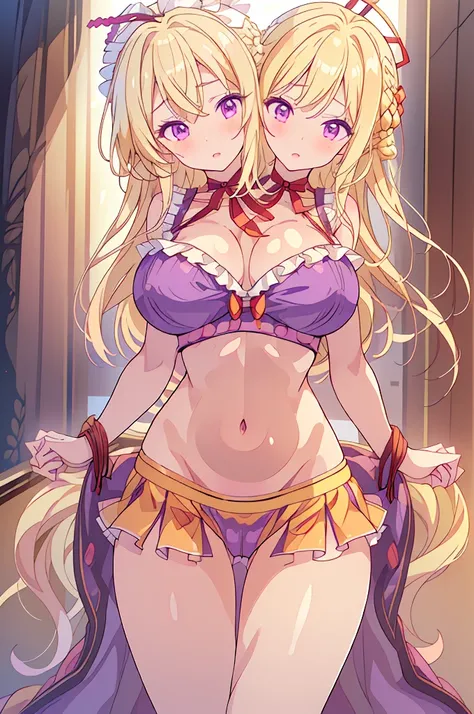 (masterpiece, best quality), best quality, (ultra-detailed), (3heads:1.5), 1girl, (yakumo yukari:1.3), masterpiece, best quality, ultra quality, ultra resolution, ultra detail, purple top, crop top, ((stomach)), midriff, ((groin)), purple skirt, frilled sk...