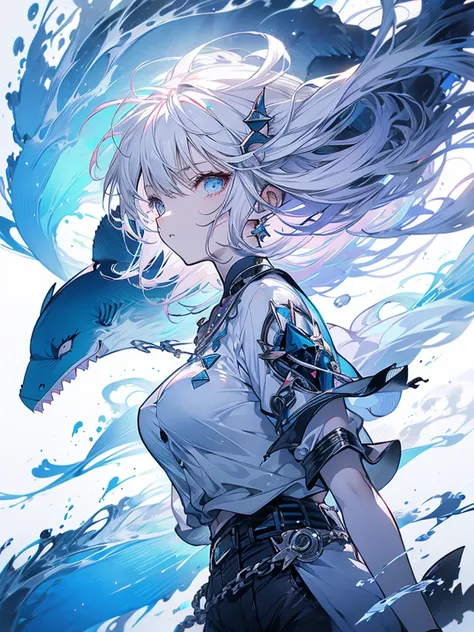 Woman, cute, baggy shirt, tight pants, looking up, weapon, white hair, light blue, ice, shark, double teeth, nude