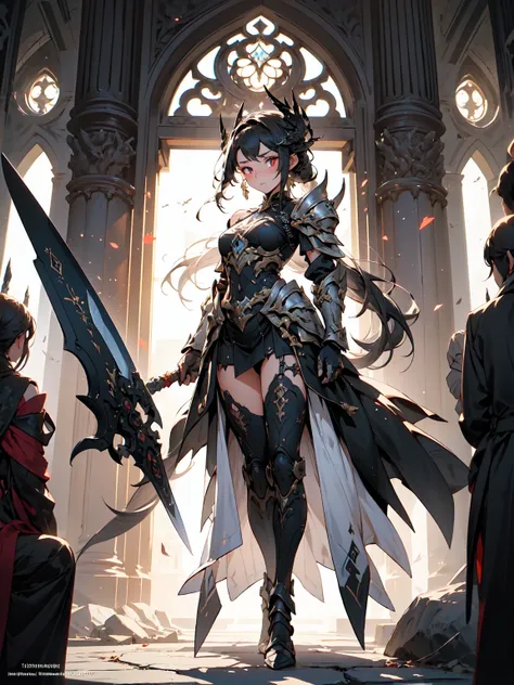 (((masterpiece, best quality, 16k)))A breathtaking artwork of a female character of unimaginable beauty, set in a dark and opulent environment. The full-body view reveals an impressive figure, exuding an aura of power and mystery. She wears black and gold ...