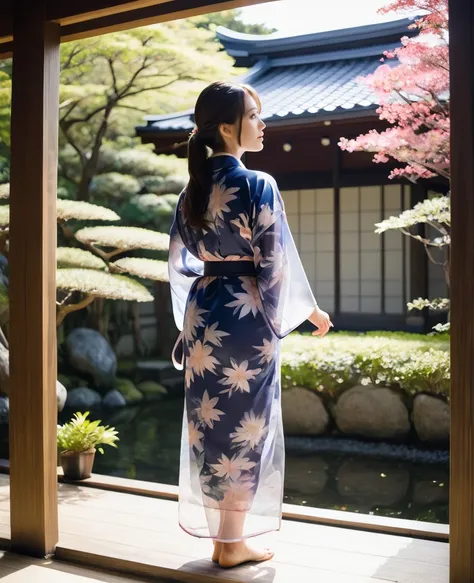  A woman wearing a transparent yukata、Japanese garden、in the garden、Veranda