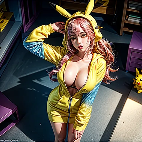 PUNIPUNI, a beautiful Pink hair gamer girl, beautiful detailed Blue eyes with (Sparkling Highlights:1.28), beautiful detailed lips,extremely detailed eyes and face,longeyelashes,in a (((Yellow Pikachu hoodie))) MoeSleeves,(Professional photo from above:1.3...