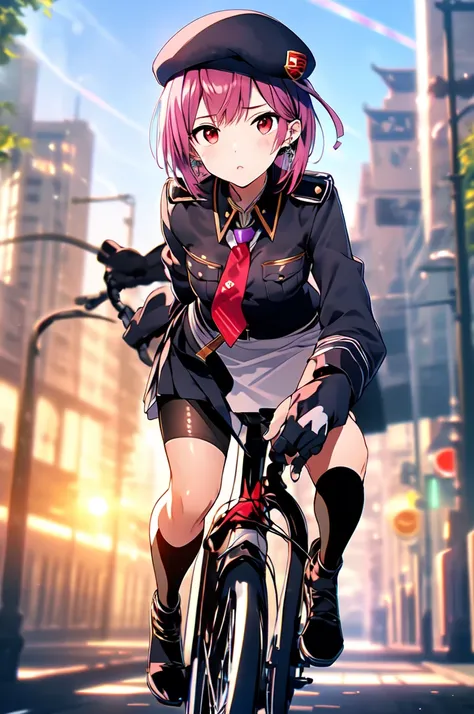 masterpiece, highest quality, high resolution, super detailed, (((ride a bicycle))), pantyhose、skirt、uniform、hat、gloves、fuchsia ...