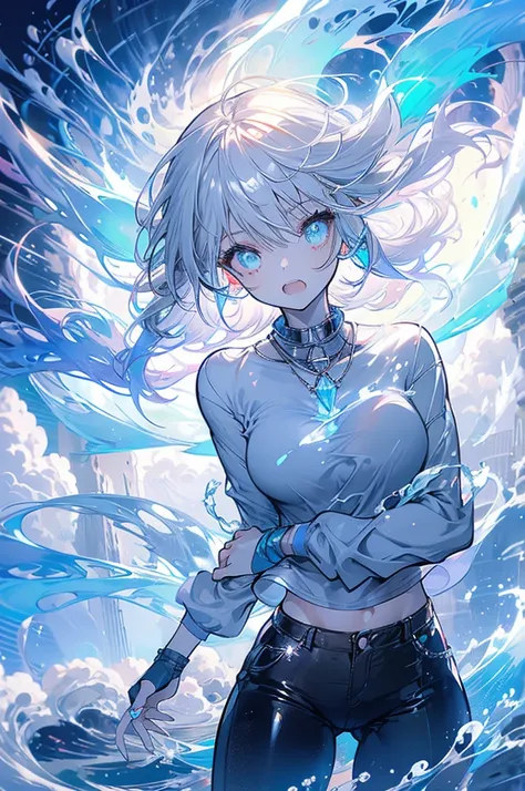 Woman, cute, baggy shirt, tight pants, looking up, magic, white hair, light blue, ice, waves, double teeth, nude