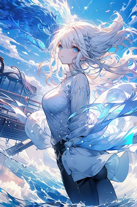 Woman, cute, baggy shirt, tight pants, looking up, magic, white hair, light blue, ice, waves, double teeth, nude