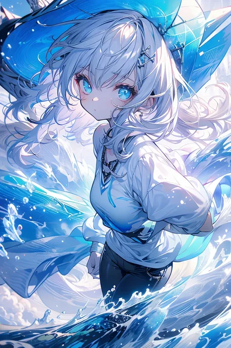 Woman, cute, baggy shirt, tight pants, looking up, magic, white hair, light blue, ice, waves, double teeth, nude