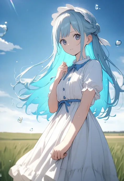 One 14-year-old girl, (Witch one piece dress)、(Light blue inner color hairstyle), Beautiful Hair, Facial Contour, Remember, Rural Plains, Hinata、splash, Lens flare,, Natural Color, High resolution, Very delicate, Very detailed, 8k,（There is swelling of the...