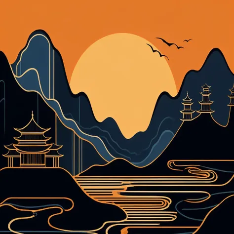 minimalist art, black and blue form mountains and rivers, golden chinese palaces on the mountains, line silhouette art, large or...