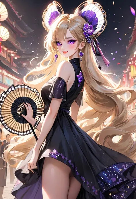 A beautiful girl with long blonde hair and purple eyes, turning around, gorgeous hair accessories on her head, slanted eyes, holding a gorgeous fan in her hand and smiling seductively, a perfect and luxurious black dress, earrings in her ears, a villainous...