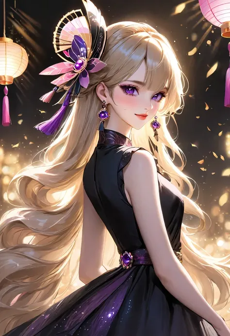 A beautiful girl with long blonde hair and purple eyes, turning around, gorgeous hair accessories on her head, slanted eyes, holding a gorgeous fan in her hand and smiling seductively, a perfect and luxurious black dress, earrings in her ears, a villainous...