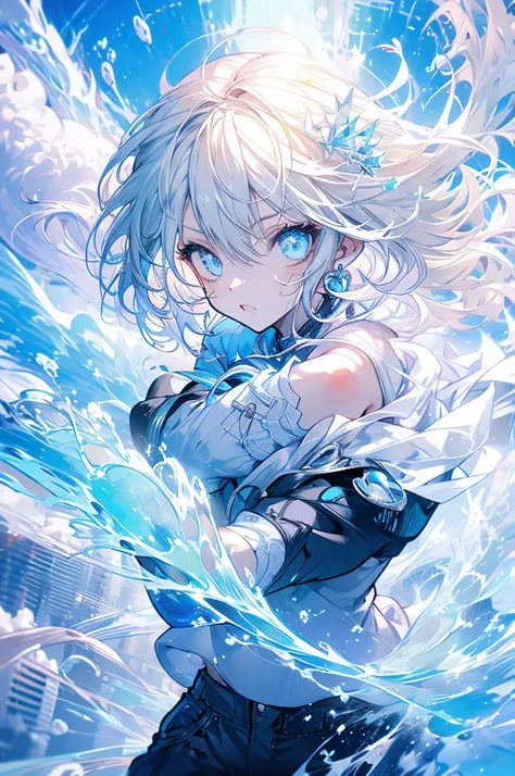 Woman, cute, baggy shirt, tight pants, looking up, magic, white hair, light blue, ice, waves, double teeth, nude