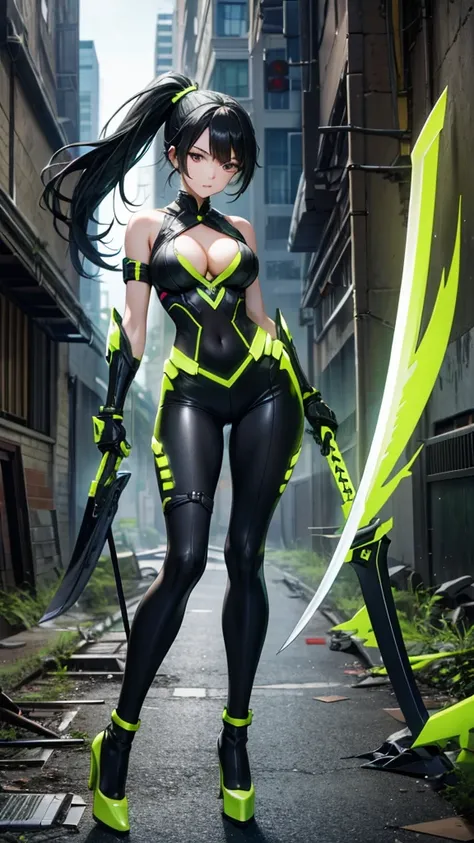 Young woman with black hair and side ponytail，Chest，cleavage，Bare shoulders，Full body black and green fluorescent line tights，Thin legs，high heels，Great sword，abandoned city