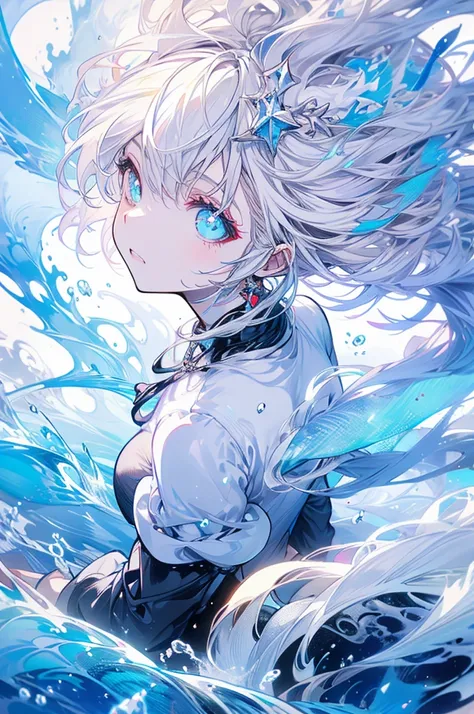 Woman, cute, baggy shirt, tight pants, looking up, fight, white hair, light blue, ice, waves, double teeth, naked, straight face